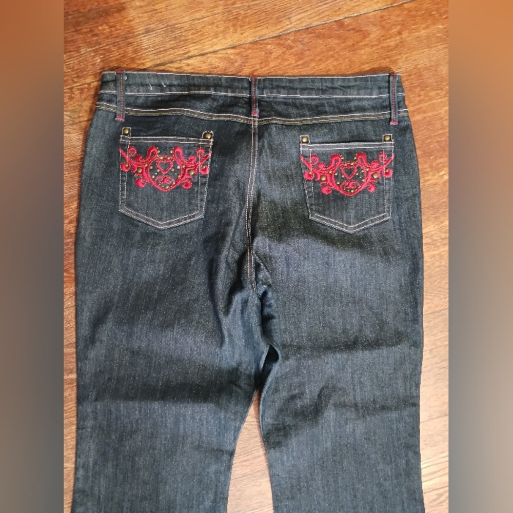 Divablue Retro Bling Pocket  Red Hearts Satin Embellished Jeans Sz 19/20 Hi Rise